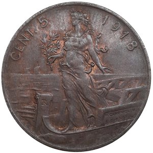 obverse: Regno d Italia, Vittorio Emanuele III ,5 centesimi prora 1918 Tracce Rosse