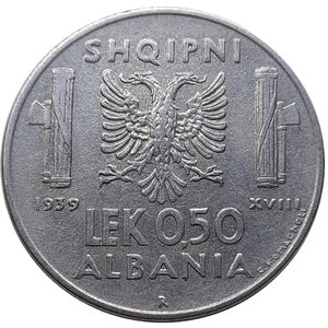 obverse: Colonia Albania  ,Vittorio Emanuele III, 0,50 Lek 1939 antimagnetica RARA