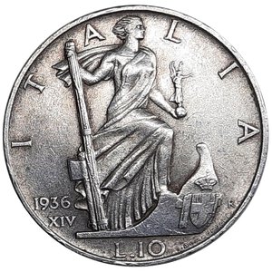 reverse: Regno d Italia, Vittorio Emanuele III ,10 Lire Impero argento 1936 SPL