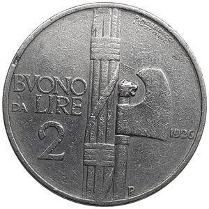 obverse: Regno d Italia, Vittorio Emanuele III, Buono 2 lire 1926 RARA