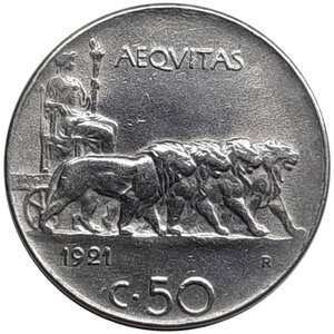 obverse: Regno d Italia , Vittorio Emanuele III ,50 Centesimi leoni 1921 Bordo liscio 
