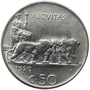 obverse: Regno d Italia , Vittorio Emanuele III ,50 Centesimi leoni 1920 Bordo liscio 