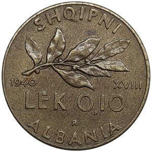 obverse: Colonia Albania  Vittorio Emanuele III ,0,10 Lek 1940 Bella