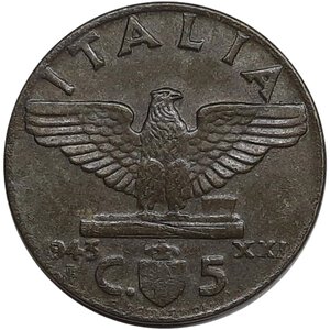 obverse: Regno d Italia, Vittorio Emanuele III , 5 Centesimi Impero 1943 Rara