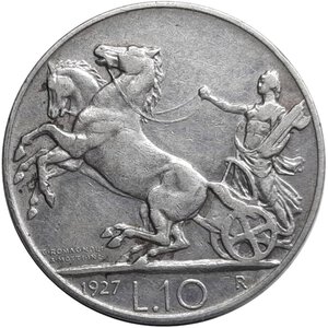 obverse: Regno d Italia, Vittorio Emanuele III , 10 lire Biga argento  1927 2 rosette bb