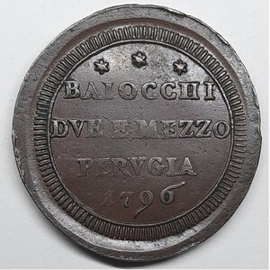 obverse: PERUGIA ,Stato Pontificio , Pio VI  (1775-1799),Baiocchi 2 e mezzo 1796 SPL ECCEZIONALE