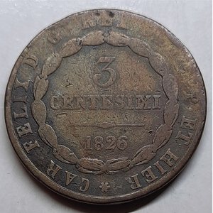 obverse: SAVOIA ,Carlo Felice , 3 Centesimi 1826 Torino 