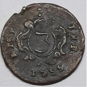 reverse: SICILIA ,Carlo di Borbone,3 piccioli 1755 secondo tipo