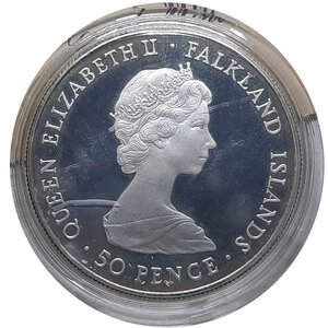 reverse: FALKLAND, 50 pence argento 1980 PROOF, 80° Compl. Regina madre, conf.originale
