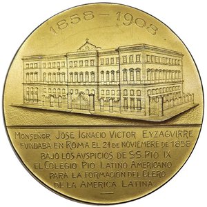 reverse: Stato Pontificio , Leone XIII Medaglia  Postuma  50° anniversario di Fondazione 
del Collegio Latino-Americano in Roma diam.73,7 mm bronzo dorato RARISSIMA