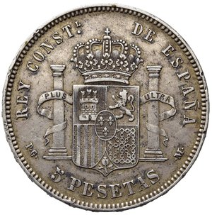 reverse: SPAGNA. Alfonso XIII. 5 pesetas 1892 (92). AG. Colpo al bordo. BB