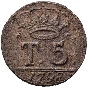 reverse: NAPOLI. Ferdinando IV di Borbone (1759-1816). 5 Tornesi 1798 senza P. Cu (12,48 g - 26 mm). Magliocca 297a Rara. qBB