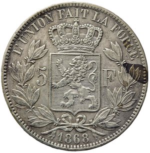 reverse: BELGIO. Leopoldo II (1865-1909). 5 Francs 1868. Ag. KM#24. BB+
