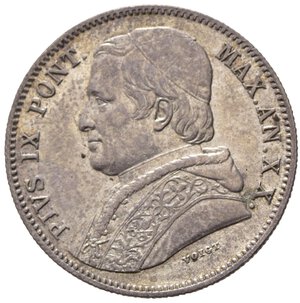 obverse: ROMA. Stato Pontificio. Pio IX (1846-1870). 20 baiocchi 1865 anno XX. Ag (5,33 g - 24,5 mm). Gig. 107a. SPL+