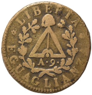 obverse: TORINO. Repubblica Piemontese (1798-1799). 2 Soldi anno 9. AE (10,80 g). C/rigato obliquo. Gig. 3a. Rara. MB-BB