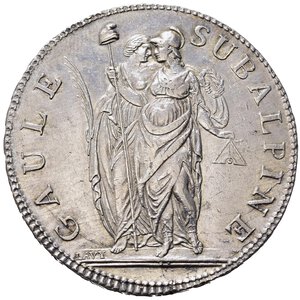 obverse: TORINO. Repubblica Subalpina (1800-1802). 5 Francs l An 10 (1802). Ag (24,92 g). Gig. 4. Rara. SPL