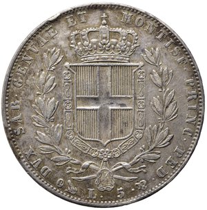 reverse: Carlo Alberto (1831-1849). Regno di Sardegna. 5 lire 1844 Genova. Ag. Gig. 79. Colpetto al bordo. BB+