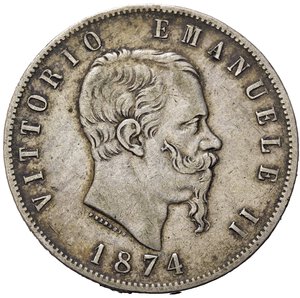 obverse: Vittorio Emanuele II (1861-1878). 5 lire 1874 M. Milano. Ag.  BB