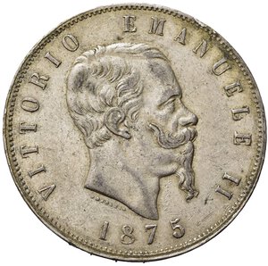 obverse: Vittorio Emanuele II (1861-1878). 5 lire 1875 M. Milano. Ag. BB+