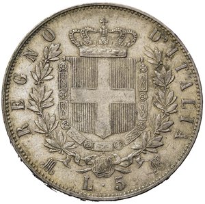 reverse: Vittorio Emanuele II (1861-1878). 5 lire 1875 M. Milano. Ag. BB+