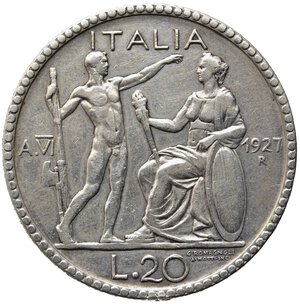 reverse: Vittorio Emanuele III (1900-1943). Roma. 20 lire Littore 1927 anno VI Ag (15 g - 35.6 mm). Gig. 36. MB-BB