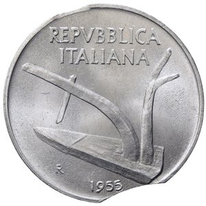 obverse: REPUBBLICA ITALIANA. 10 Lire 1955 Spiga. Doppia tranciatura del tondello. FDC