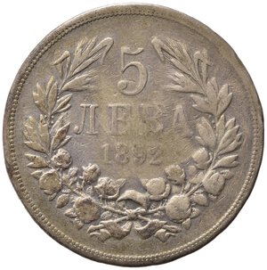 reverse: BULGARIA. Ferdinando I (1887-1908). 5 Leva 1892. KM#15. MB