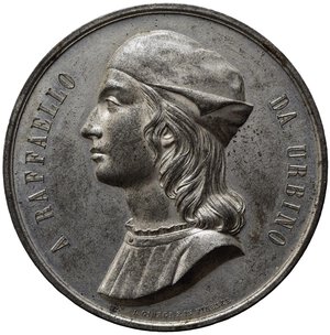 obverse: PERSONAGGI. Raffaello da Urbino. Medaglia del quarto centenario 1883. AE argentato (63,86 g - 55 mm) Opus L.Giorgi. SPL