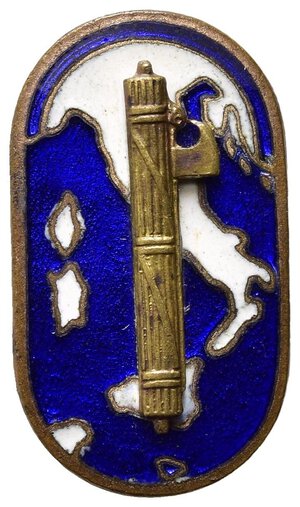 obverse: VENTENNIO FASCISTA - Distintivo della Confederazione delle Corporazioni fasciste, Lorioli e Castelli,  bronzo dorato e smalti bianchi e blu 1.1 cm x 1.9 cm.SPL.
