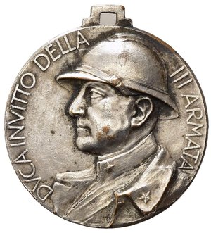 obverse: VENTENNIO FASCISTA - Medaglia Emanuele Filiberto di Savoia, al Duca invitto della IIII Armata, bronzo argentato, con attacco a staffa, 3.2 cm, peso gr. 12,5, BB/MB.