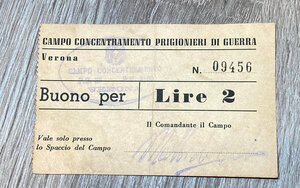 obverse: Campo Concentramento Prigionieri di Guerra Verona. Buono da lire 2. Santarpia P.G. 28 (pag. 82) biglietti non riconosciuti, produzione anni  70. Buono stato.
