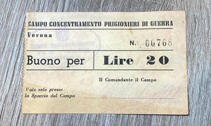 obverse: Campo Concentramento Prigionieri di Guerra Verona. Buono da lire 20. Santarpia P.G. 28 (pag. 82) biglietti non riconosciuti, produzione anni  70. Buono stato.