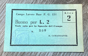 obverse: Campo Concentramento Prigionieri di Guerra. Buono da lire 2. Santarpia P.G. 151 (pag. 84) biglietti non riconosciuti, produzione anni  70. Buono stato.