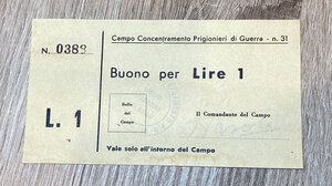 obverse: Campo Concentramento Prigionieri di Guerra. Buono da lire 2. Santarpia P.G. 31 (pag. 82) biglietti non riconosciuti, produzione anni  70. Buono stato.