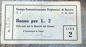 obverse: Campo Concentramento Prigionieri di Guerra. Buono da lire 2. Santarpia P.G. 7 (pag. 81) biglietti non riconosciuti, produzione anni  70. Buono stato.