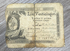 obverse: Regno di Sardegna. Vittorio Amedeo III. 25 lire Regie Finanze 1792 Torino. qMB