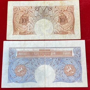 reverse: INGHILTERRA. Coppia di banconote da 10 shillings e 1 Pound Peppiat. BB-SPL