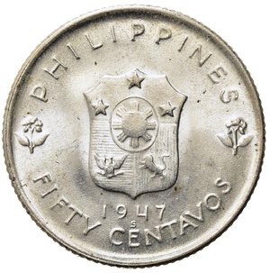 reverse: FILIPPINE. 50 Centavos 1947. Ag. FDC