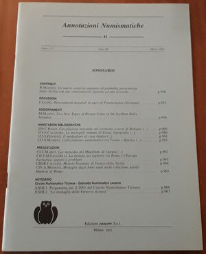 obverse: AA.VV. - Annotazioni numismatiche nr. 41. Milano, 2001, pp. 22, ril. Edit., ill. b/n nel testo, ottimo stato. 
