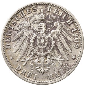 reverse: GERMANIA. Wuerttemberg. Guglielmo II. 3 Mark 1909. Ag. qSPL