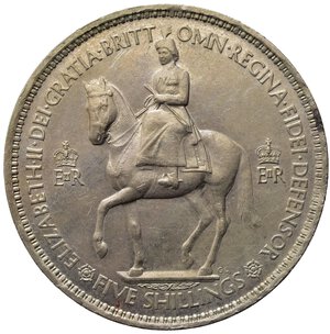 obverse: GRAN BRETAGNA. Elisabetta II. 5 Shillings 1953. Ni. qFDC