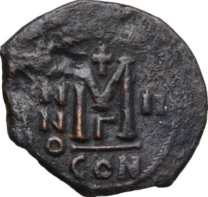 reverse: Maurice Tiberius (582-602).. AE Follis. Constantinople mint, 3rd officina. Dated RY 2 (583/4)