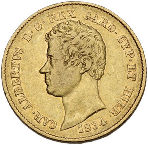 obverse: Italy .  Carlo Alberto (1831-1846). AV 20 lire 1834, Genova mint