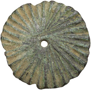 reverse: Bronze pendant or part of cutting tool.  Roman period.  Diameter: 26 mm