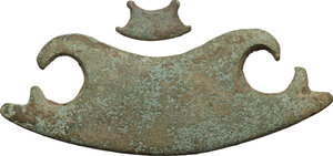 obverse: Lot of 2 bronze pelta shaped votive elements.  Roman period, 3rd-2nd century BC.  102 x 32 and 24 x 11 mm