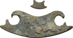 reverse: Lot of 2 bronze pelta shaped votive elements.  Roman period, 3rd-2nd century BC.  102 x 32 and 24 x 11 mm