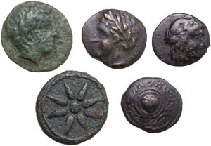 obverse: Greek World, Continental Greece. Lot of 5 unclassified AE denominations, including: Uranopolis, Olynthis, Alexander III the Great