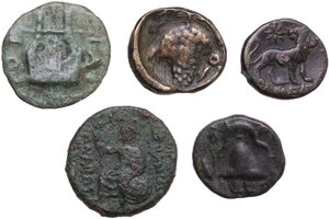reverse: Greek World, Continental Greece. Lot of 5 unclassified AE denominations, including: Uranopolis, Olynthis, Alexander III the Great