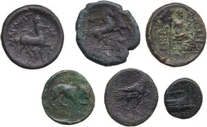 reverse: Greek World, Continental Greece. Lot of 6 unclassified AE denominations of Thessaly and Macedon, including: Magnesia, Pella and Perrhaiboi