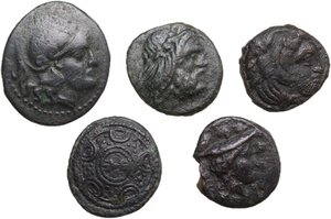 obverse: Greek World, Continental Greece. Lot of 5 unclassified AE denominations of Macedon, including: Lysimachos, Alexander III the Great, Philip V